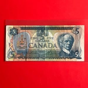Vintage Old $5 Canadian Bill 1979